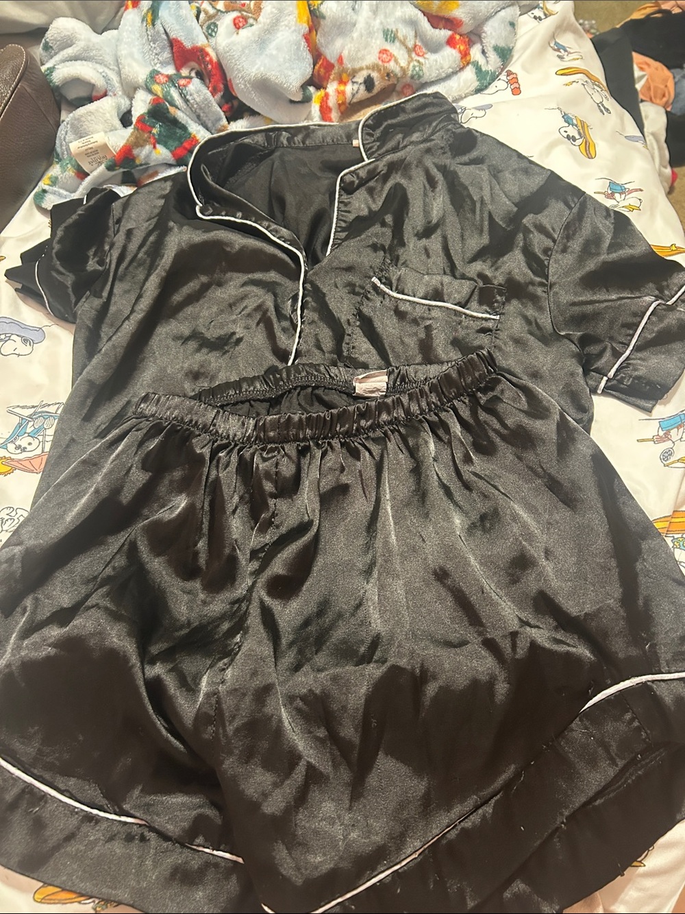 Women's Black Satin Short Pajama Set with White Piping